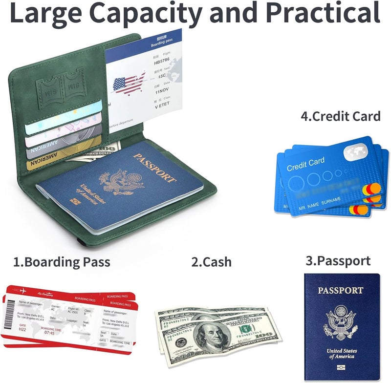 KAOBAN Passport Holder, Passport Cover with Credit Card Slot and Boarding Pass Slot Combo, Passport Wallet Case Book Travel Must Have, RFID Blocking Leather Travel Accessories, Atrovirens - Image 4